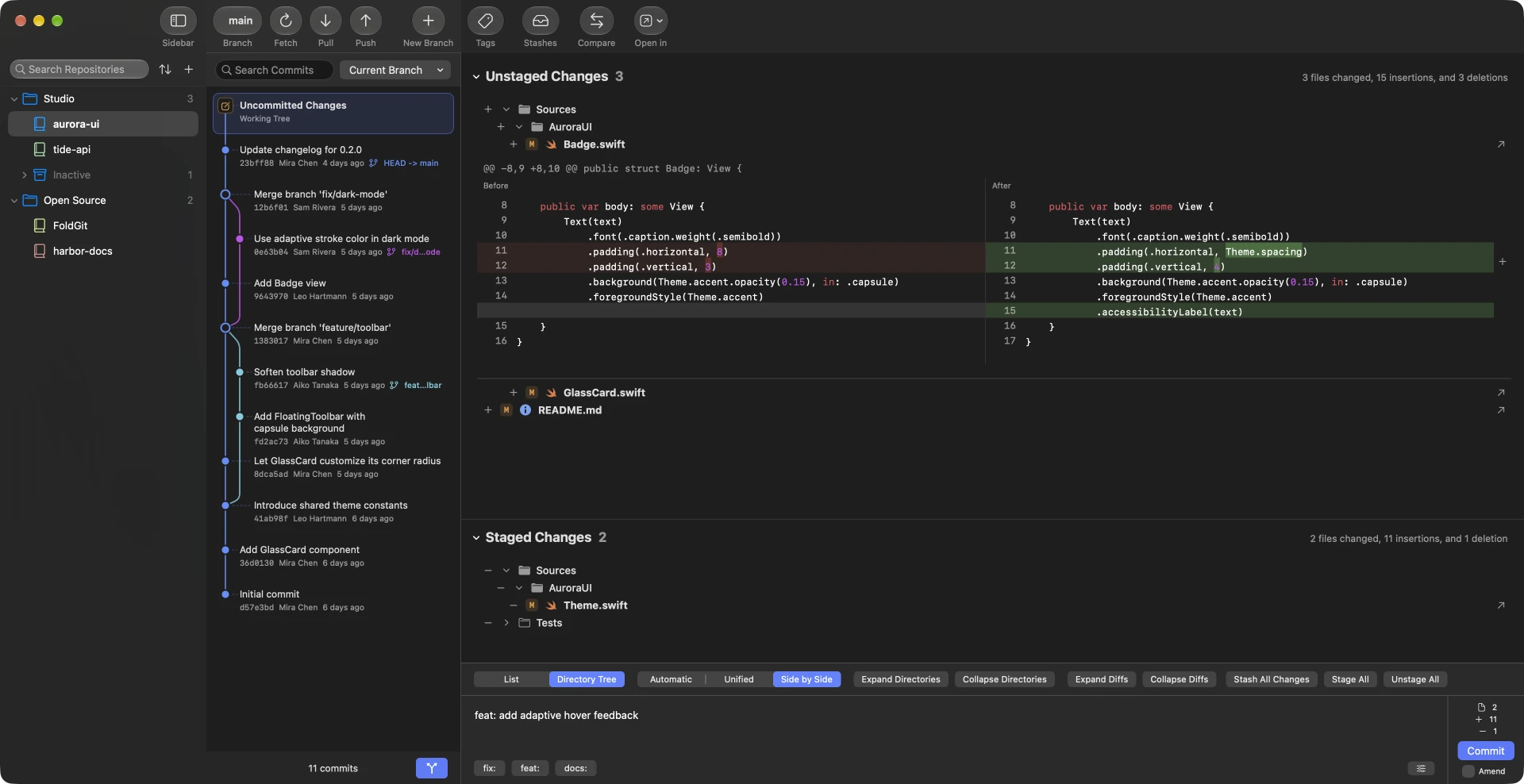FoldGit on macOS with directory trees, an expanded side-by-side diff and staging panes