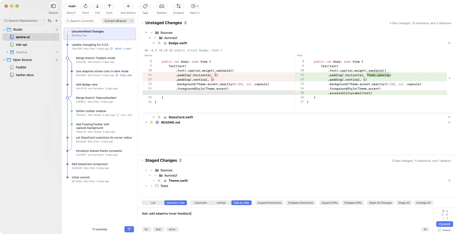 FoldGit on macOS with directory trees, an expanded side-by-side diff and staging panes